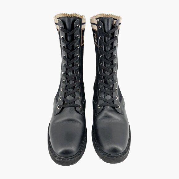 Fendi Rockoko Combat Boots EU 42 US 12 Black Leather FF Zucca Lace Up Sock - Picture 2 of 14